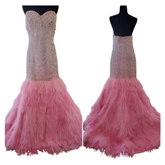 Evening Wedding Cocktail Runway Beaded Crystals Ostrich Feathers Couture Dress - Picture 4 of 16